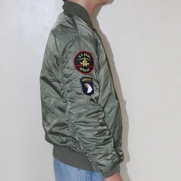 Alpha Industries Green Zip Top Gun Flight Bomber Jacket MA-1 Patches Youth L - Picture 4 of 16